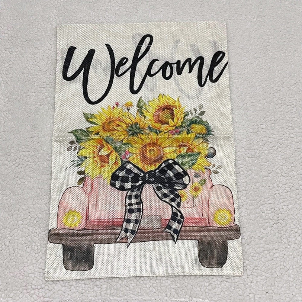 Welcome Garden Flag Pink Truck Sunflowers Buffalo Plaid Burlap Farmhouse 12x18
